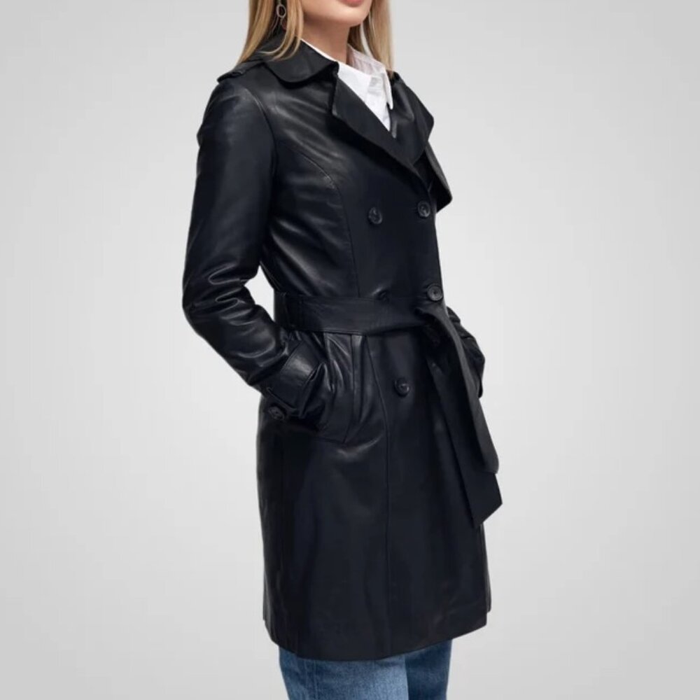 Bod & Christensen - Laure Knee Length Black Leather Trench Coat - XS - NWT